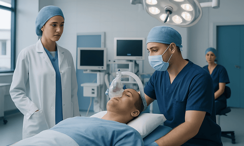 Medical team preparing patient for anesthesia in operating room.