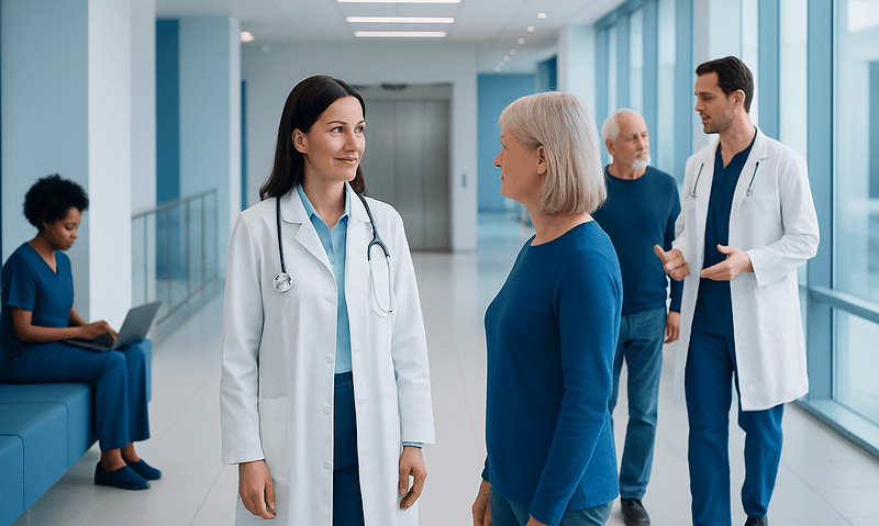 Medical professionals consulting with a patient in a hospital corridor.