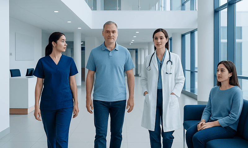 Medical team with patients in a modern hospital corridor.