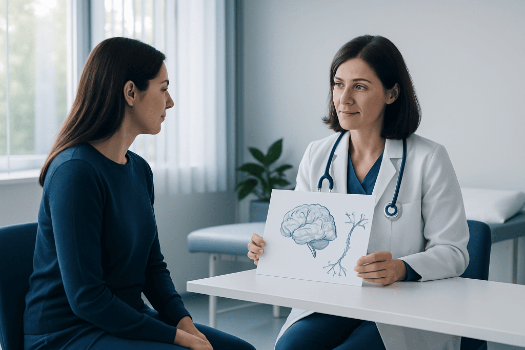 Doctor explaining brain and nerve functions to patient in consultation room.