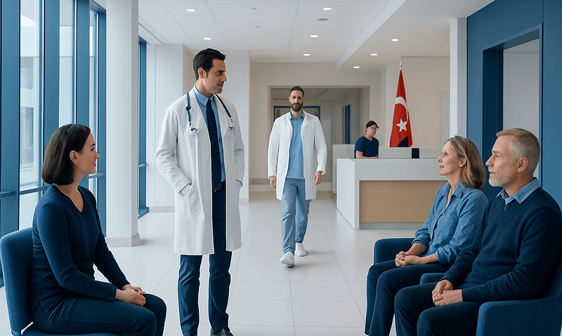 Doctors and patients in a modern hospital corridor in Turkey.