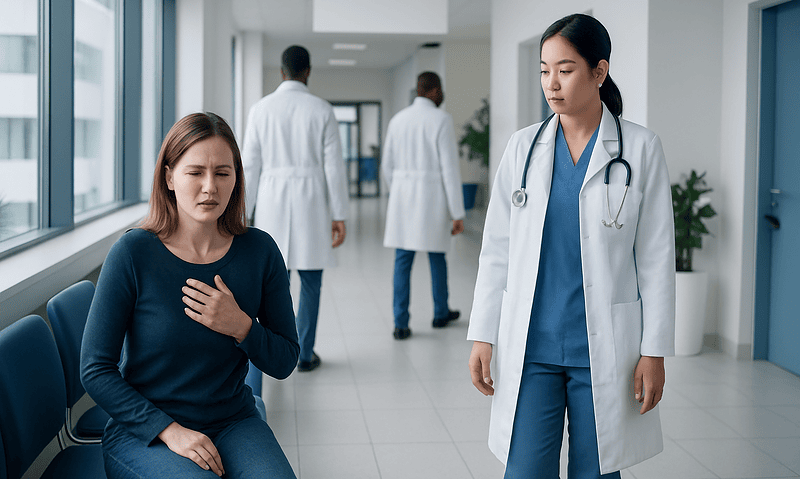 Patient experiencing chest pain in hospital corridor with medical staff nearby.
