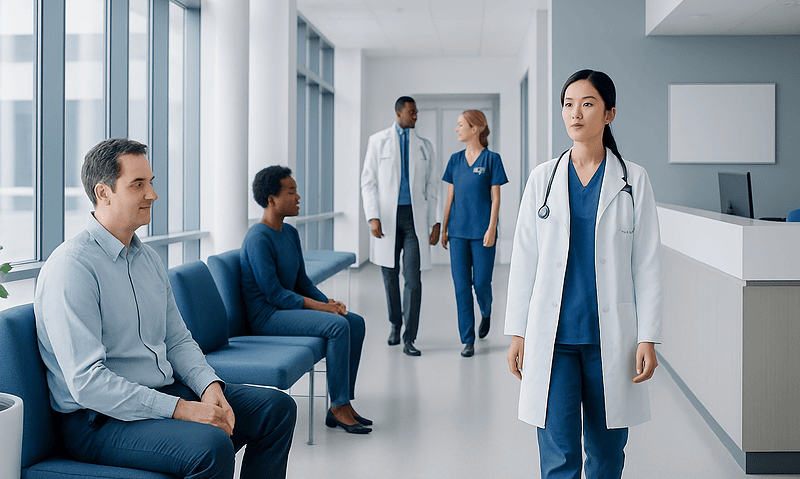 Medical professionals and patients in a modern hospital corridor.