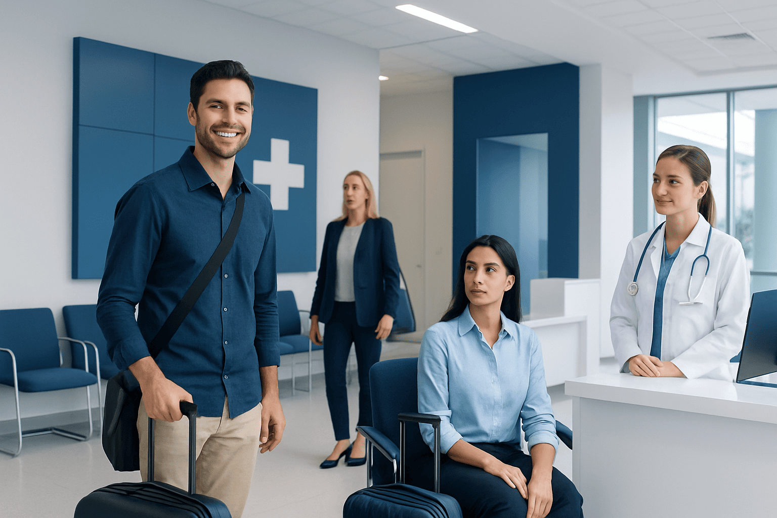 Happy male traveler at hospital reception with medical staff and other patients.