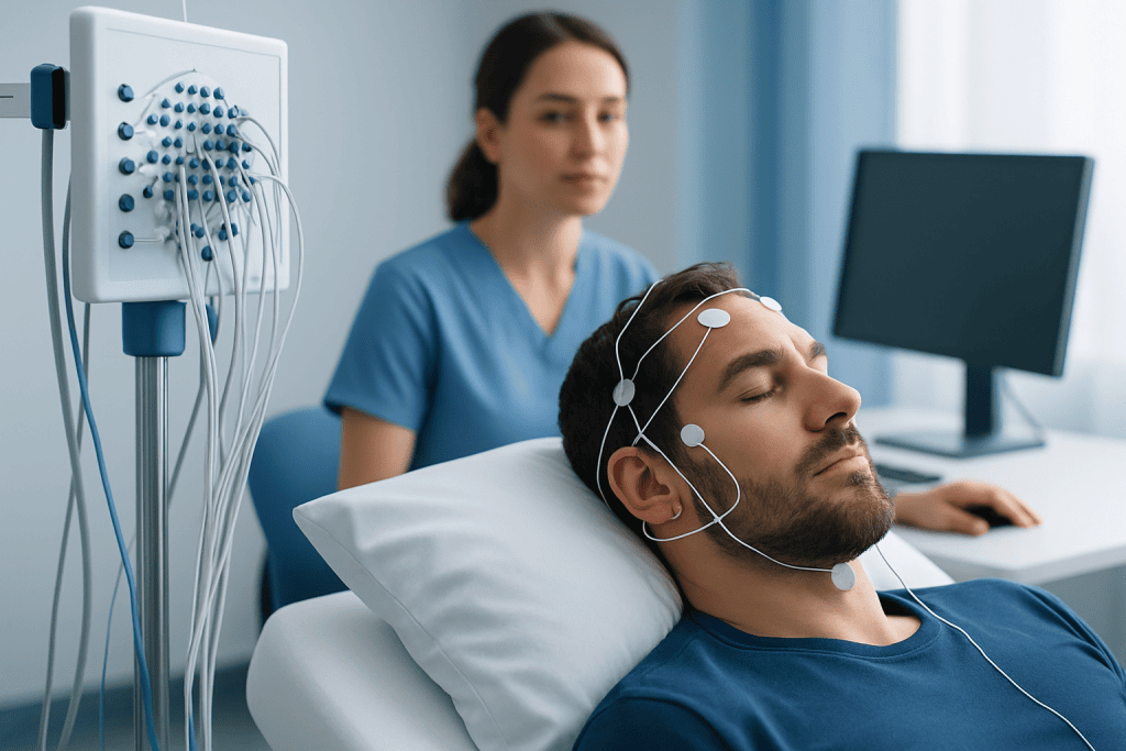 Patient undergoing a sleep study with EEG monitoring at Acibadem Hospitals.