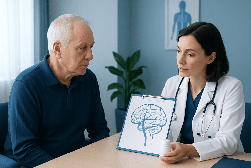 Doctor discussing brain health with an elderly patient in a medical office.