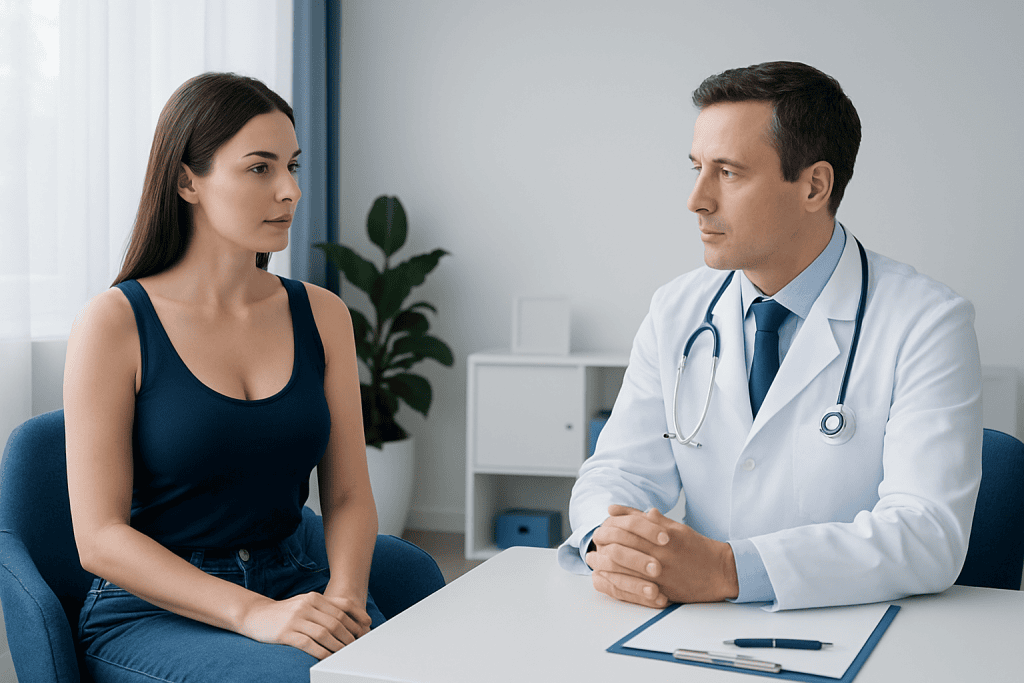 Doctor consulting with a female patient in a medical office.