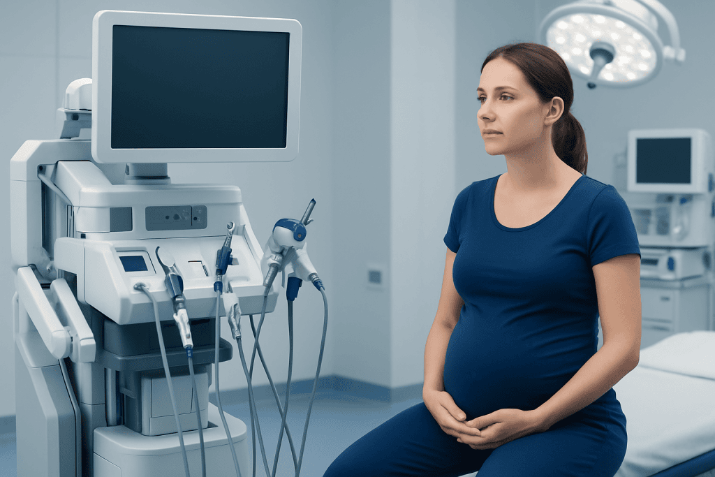 Pregnant woman in hospital with medical equipment for prenatal care.