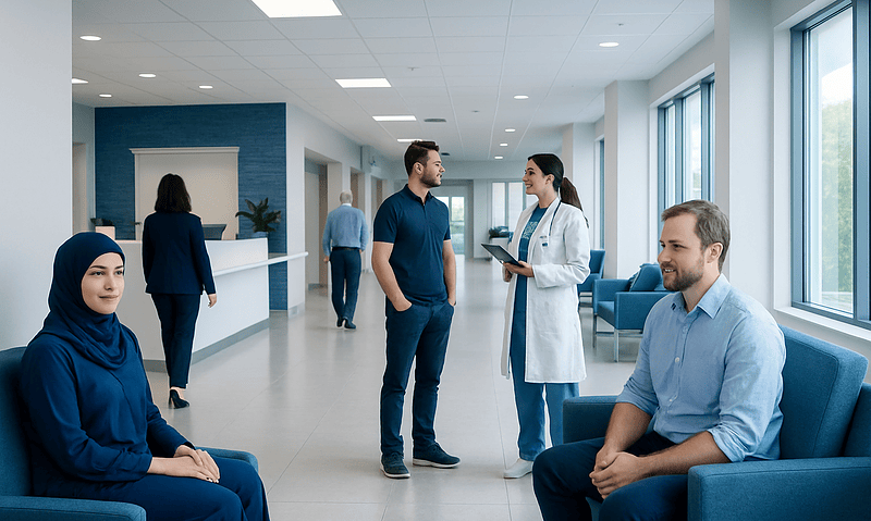 Patients and medical staff in a modern hospital waiting area.