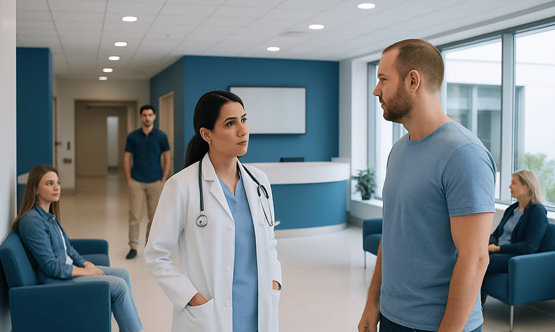 Doctor consulting a patient in a modern hospital waiting area.