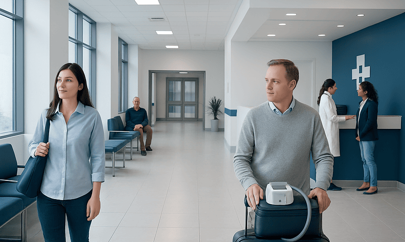 Patients waiting in a modern hospital lobby with a man holding a CPAP machine.