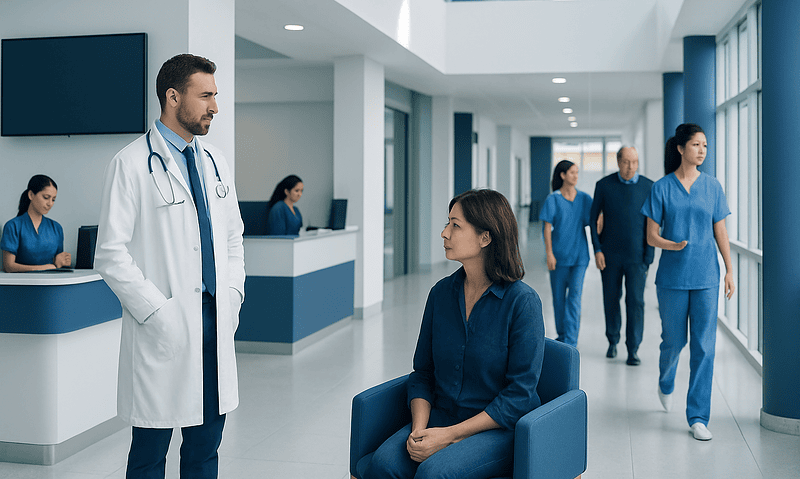 Hospital staff and doctor discussing patient care in a modern hospital corridor.