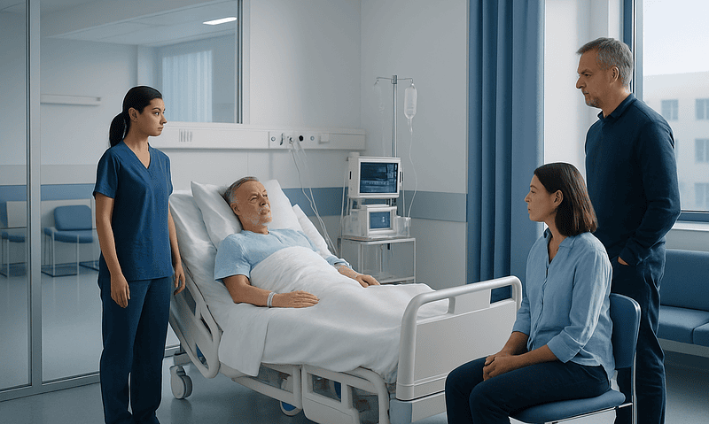 Hospital staff discussing patient care in ICU after surgery in Turkey.