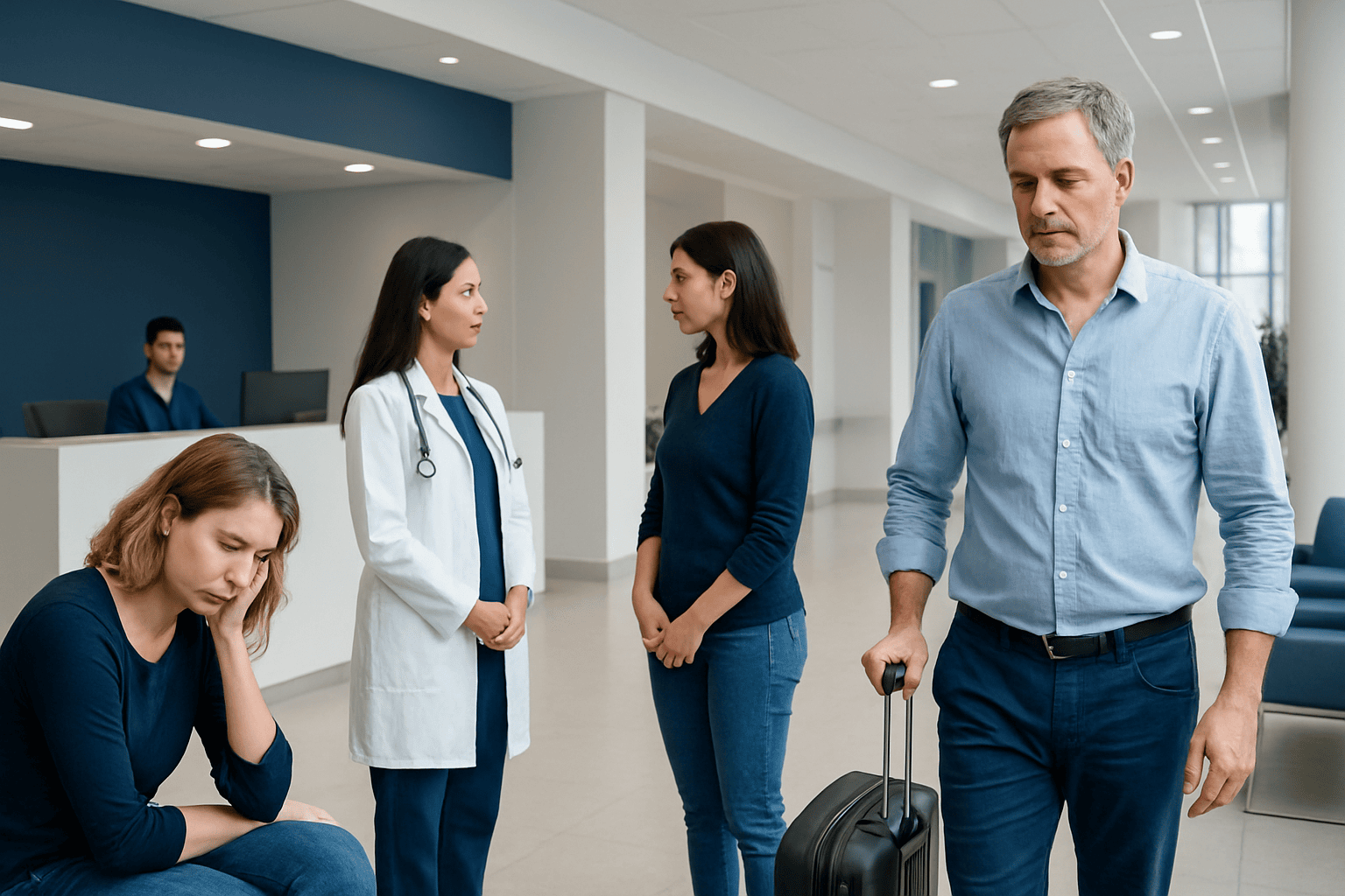 Patients and medical staff in a hospital lobby with a man waiting with luggage.