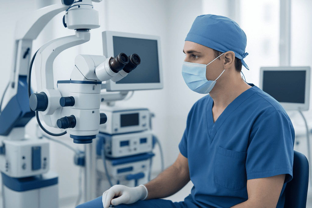 Surgeon in operating room using advanced medical equipment at Acibadem Hospitals.