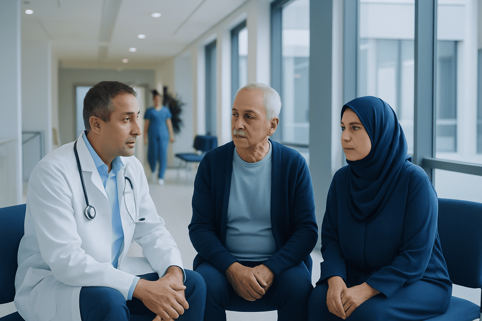 Doctor consulting with a patient and a visitor in a hospital corridor.