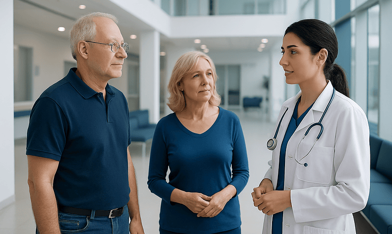 Doctor consulting with elderly couple in hospital lobby.