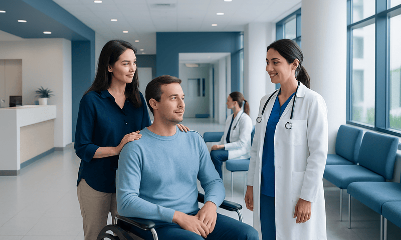 Patient in wheelchair with two healthcare professionals in hospital corridor.