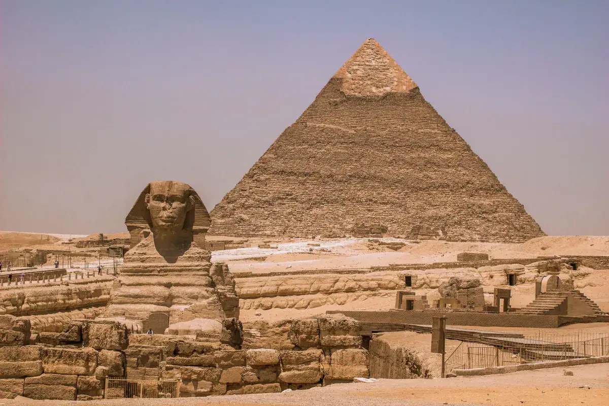 The Great Sphinx of Giza in front of the Pyramid of Khafre in Cairo