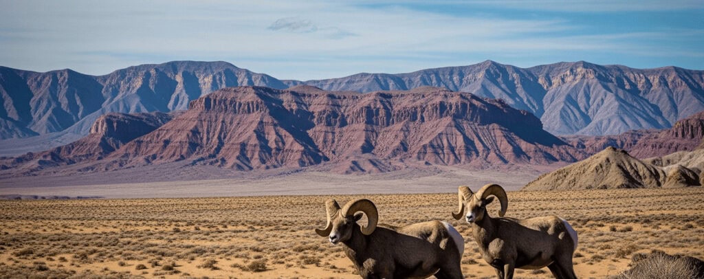 Bighorn sheep in Arizona desert with mountains in the background.
