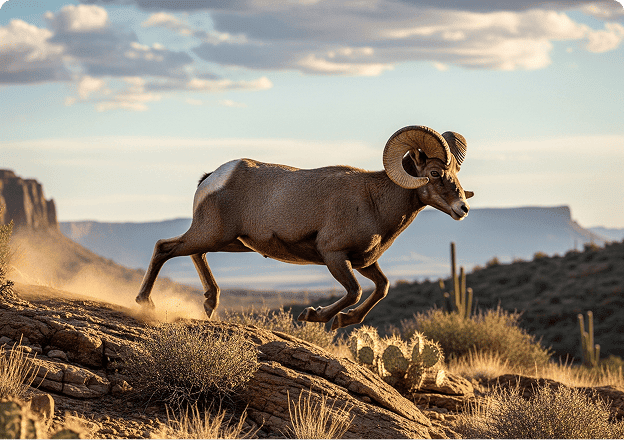 Bighorn sheep running in the Arizona desert with mountains and cacti in the background.