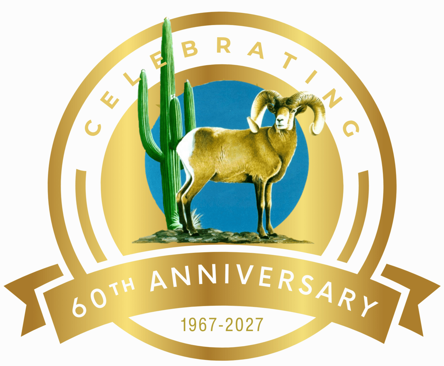 Arizona Desert Bighorn Sheep Society logo with desert scene and anniversary banner.
