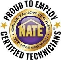 Circular logo with "Proud to Employ Certified Technicians" and "NATE" in the center, highlighting Advanced Services associated with the North American Technician Excellence certification.