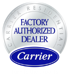 Silver and blue logo for "Carrier Residential Factory Authorized Dealer" featuring "Carrier" in an oval below, highlighting the advanced services provided by this certified partner.