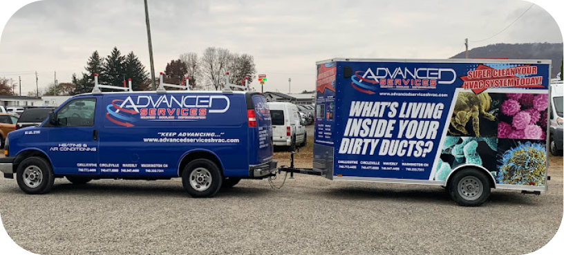 A blue van and trailer from "Advanced Services" rest on gravel. The trailer showcases images of dust alongside the question: "What's Living Inside Your Dirty Ducts?.