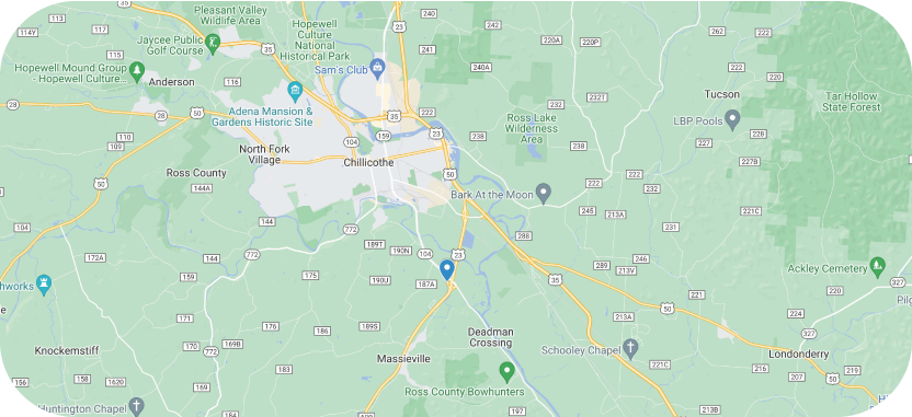 A map detailing Chillicothe, Ohio, surrounded by various towns and landmarks. Roads, highways, and green areas like Tar Hollow State Forest are visible alongside markers for points of interest, enhanced by advanced services that provide detailed navigation insights.