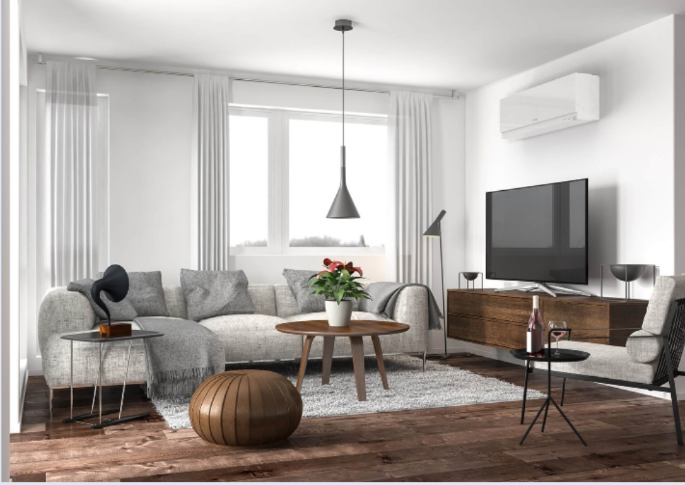 Modern living room featuring a gray sectional sofa, round wooden table, TV on a wooden console, and stylish pendant light. Large windows illuminate the space, adorned with a potted plant and phonograph. Products like a sleek gray armchair complete the elegant decor.