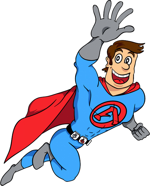 A cartoon superhero in a blue suit with a red cape flies with one arm extended, offering advanced services to those in need. He is smiling and wearing a belt adorned with a circular logo.