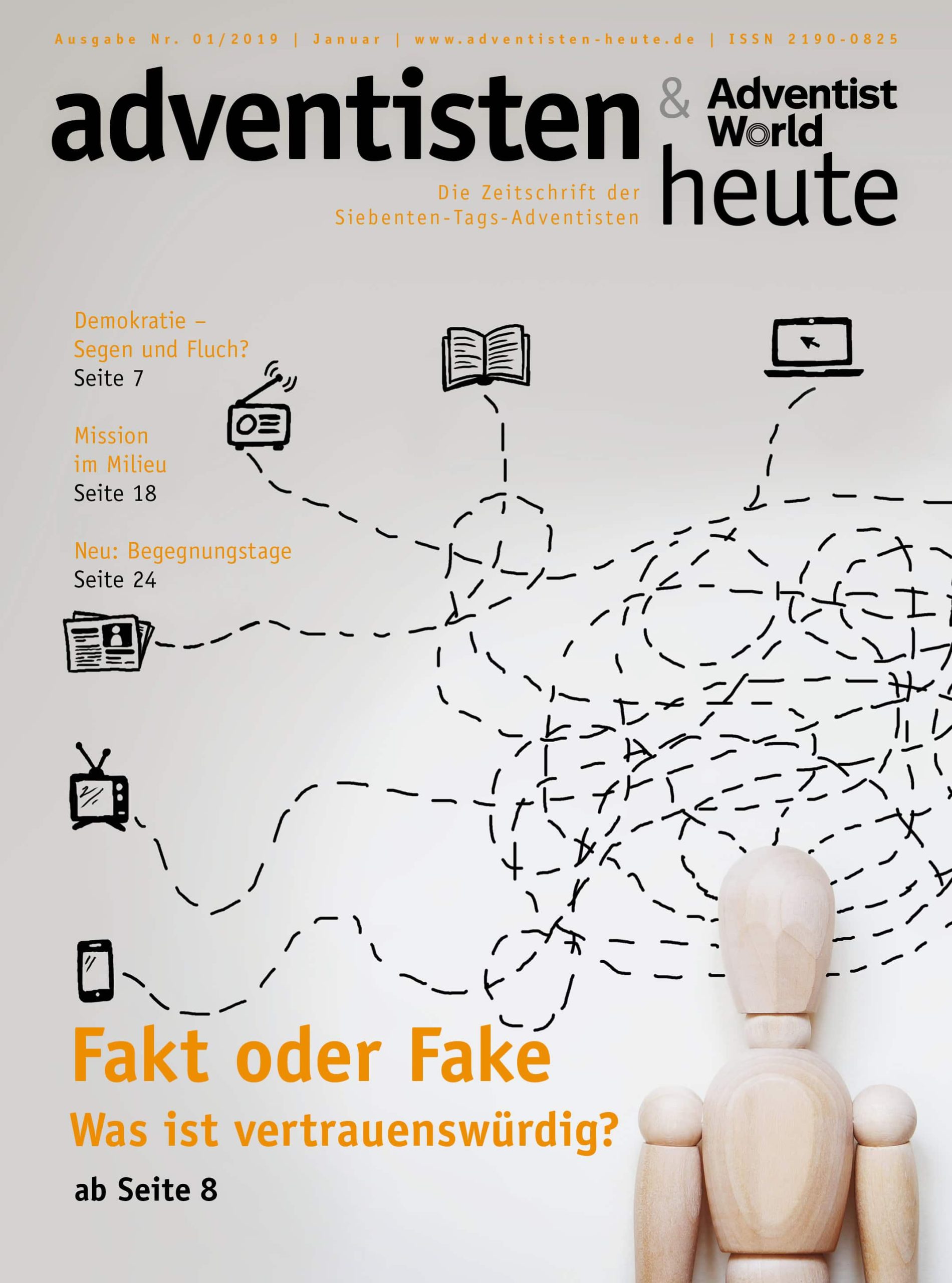 Fiktives Magazincover der Zeitschrift "Adventisten & Welt heute" mit Schwerpunkt auf Glaubwürdigkeit und Vertrauenswürdigkeit, inklusive Illustrationen und Themen rund um Religion, Gesellschaft und Medien.