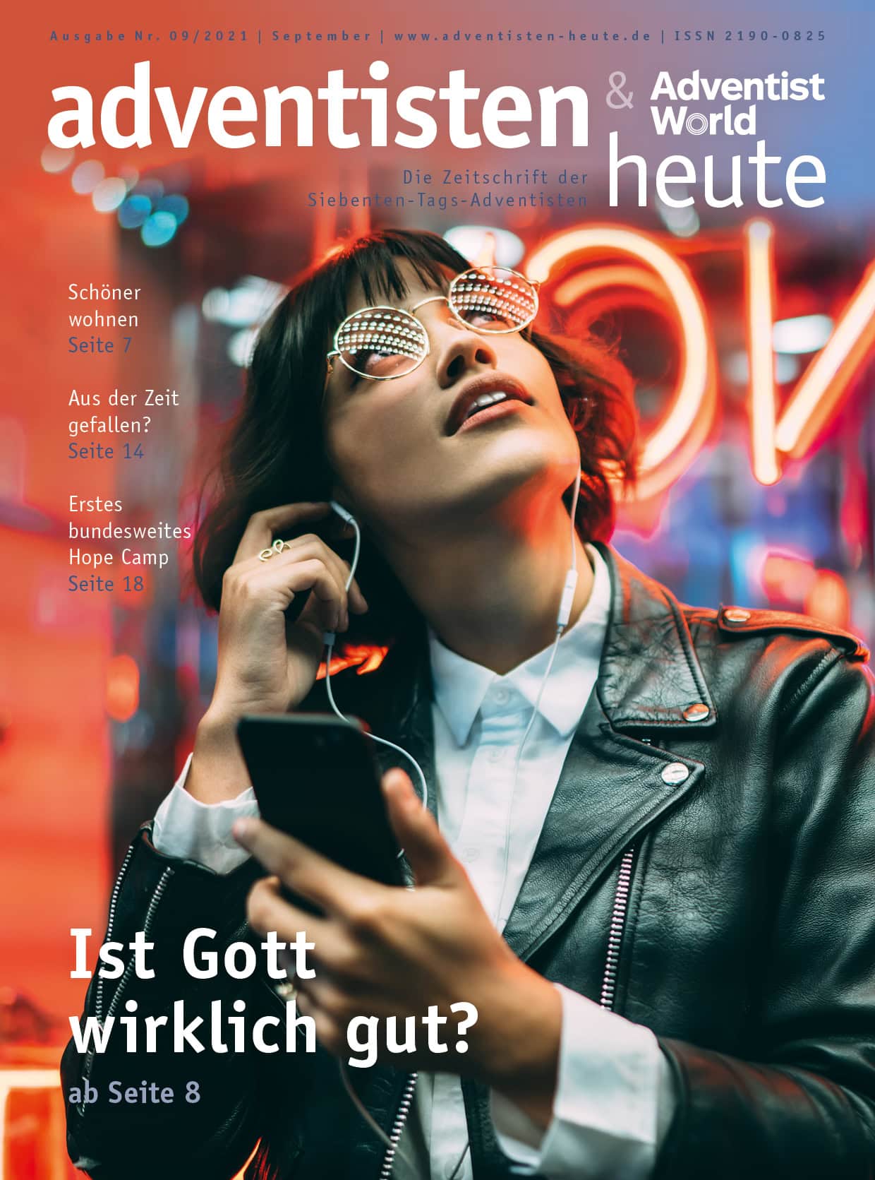 Glamouröse junge Frau mit Sonnenbrille in urbaner Neon-Lichter-Atmosphäre, Genuss von Musik, modernes Lifestyle-Image, trendige Mode, zeitgenössisches Stadtleben, Lifestyle, Musik, Mode, junge Erwachsene, trendige Szenen.