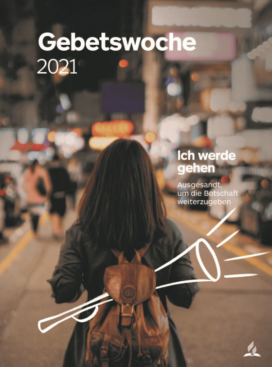 Gebetswoche 2021, junge Frau mit Rucksack in Stadt bei Nacht, Ankündigung und spirituelle Einladung zum Gebet, christliche Event, christliche Gemeinschaft, Inspiration, Glaubensveranstaltung, Advent-Verlag.