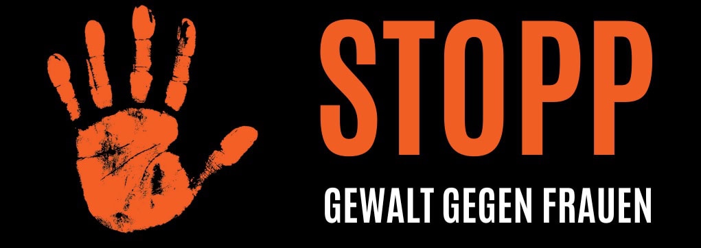 1. Großes rotes Handabdruck-Symbol gegen Gewalt an Frauen, i neiner Kampagnengrafik, um auf das Thema Gewaltprävention aufmerksam zu machen.