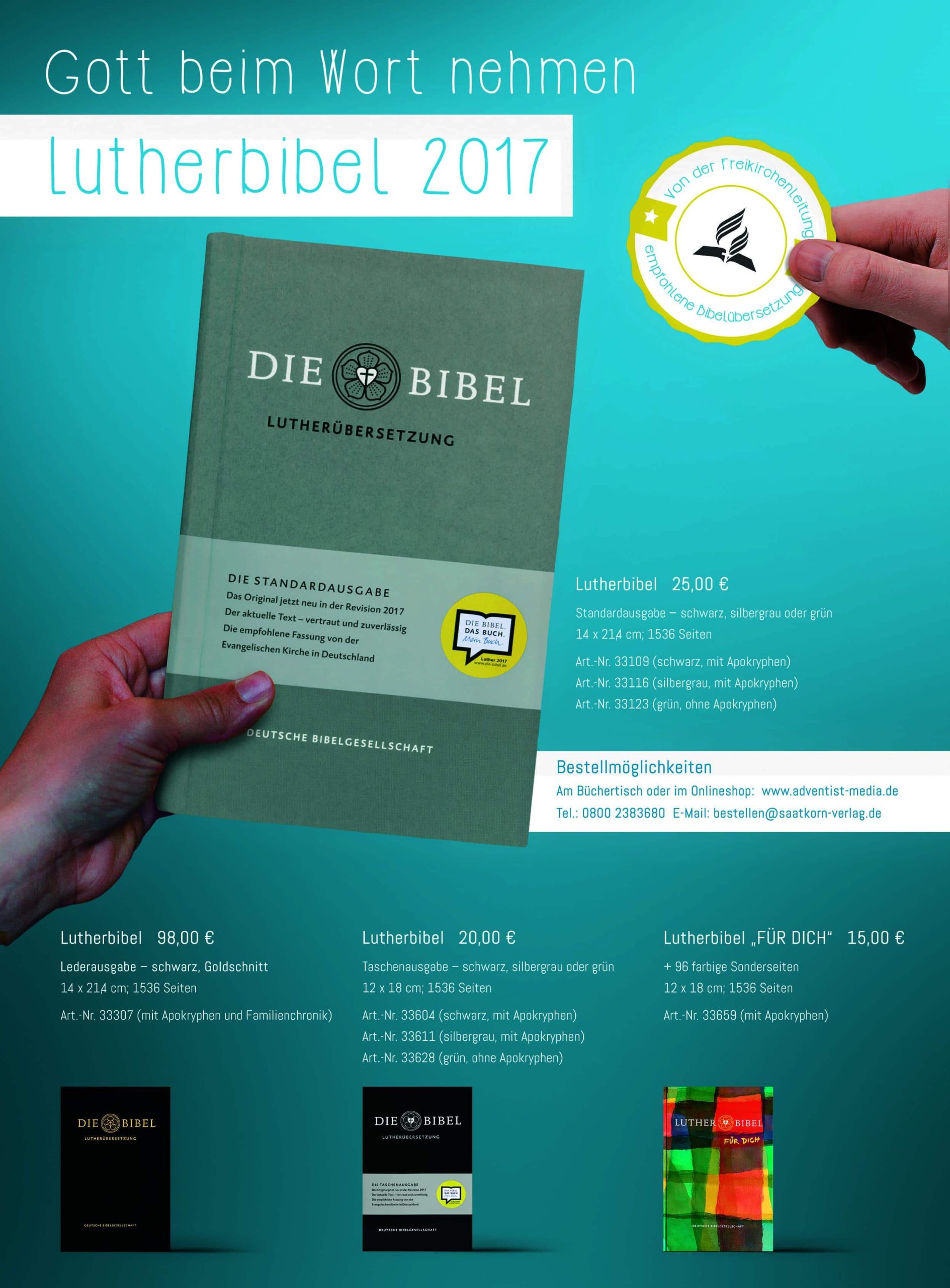 1. Hochwertige Lutherbibel 2017 mit moderner Übersetzung, verschiedene Ausgaben für Christen, Bibelstudium & Geschenk. Jetzt im Advent-Verlag erhältlich.