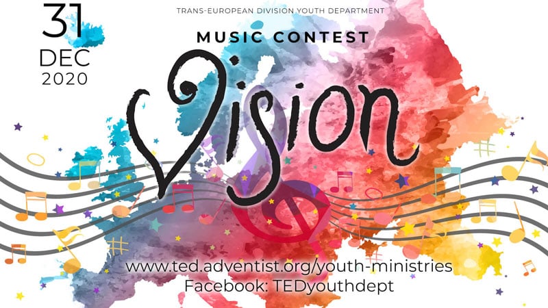 Buntes Bild für Jugend-Musikwettbewerb mit dem Titel „Vision“ beim Advent-Verlag, das kreative Musikprojekte fördert und jugendliche Talente bei advent-verlag.de präsentiert.