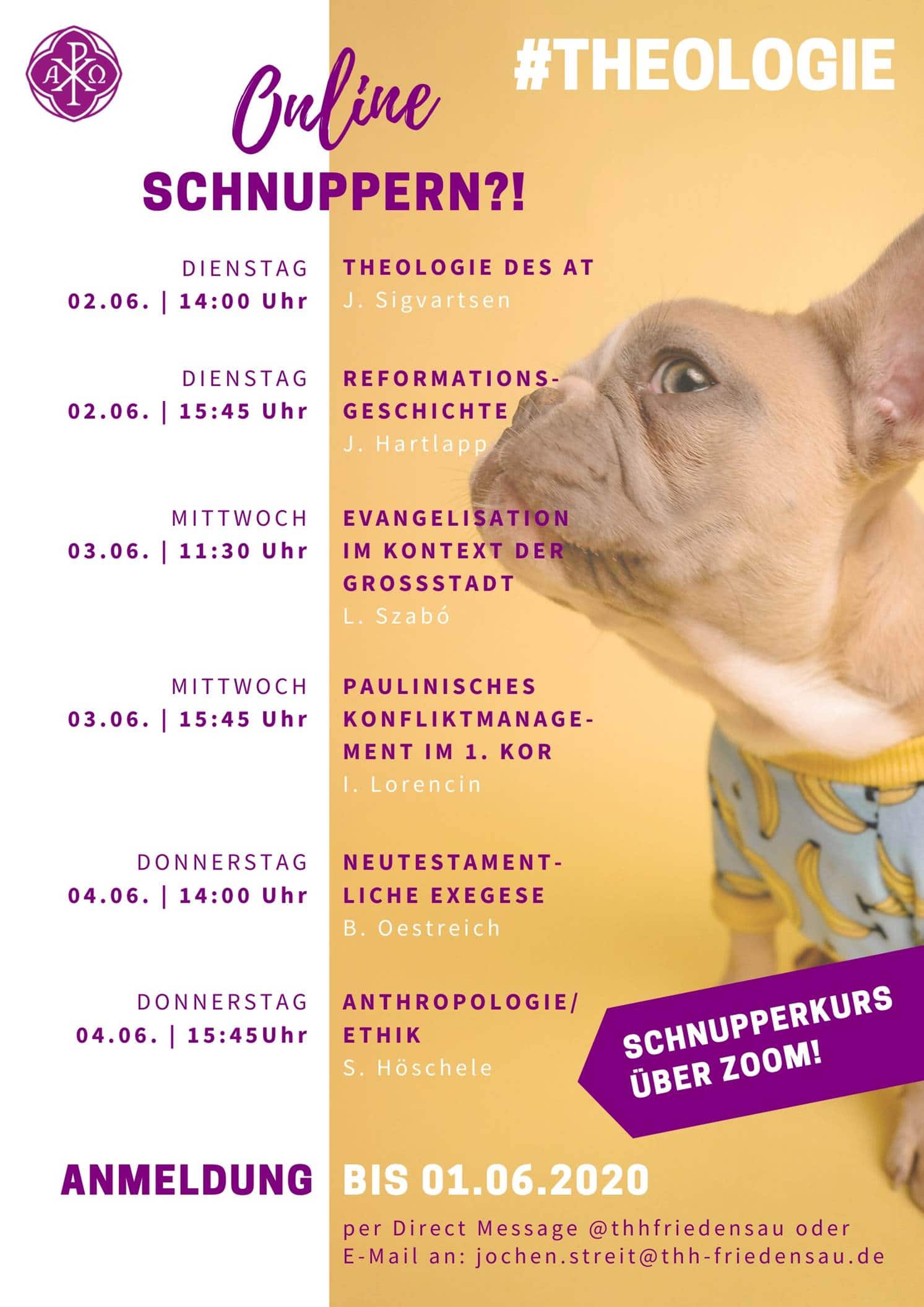 Online Theologiekurse für Schnupperteilnahme, mit vielfältigen Themen wie die Reformationsgeschichte, Evangelisation, Paulinismus, Exegese und Ethik, via Zoom. Anmeldung bis 01.06.2020 per E-Mail oder Messenger.
