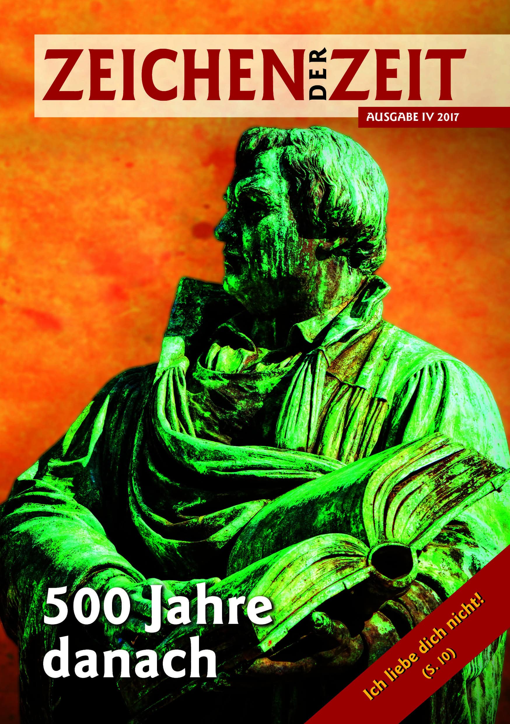 1. Hochwertige Zeitschrift cover mit Skulptur eines alten Buchlesenden Mannes, grün beleuchtet, Symbol für Bildung und Kultur.