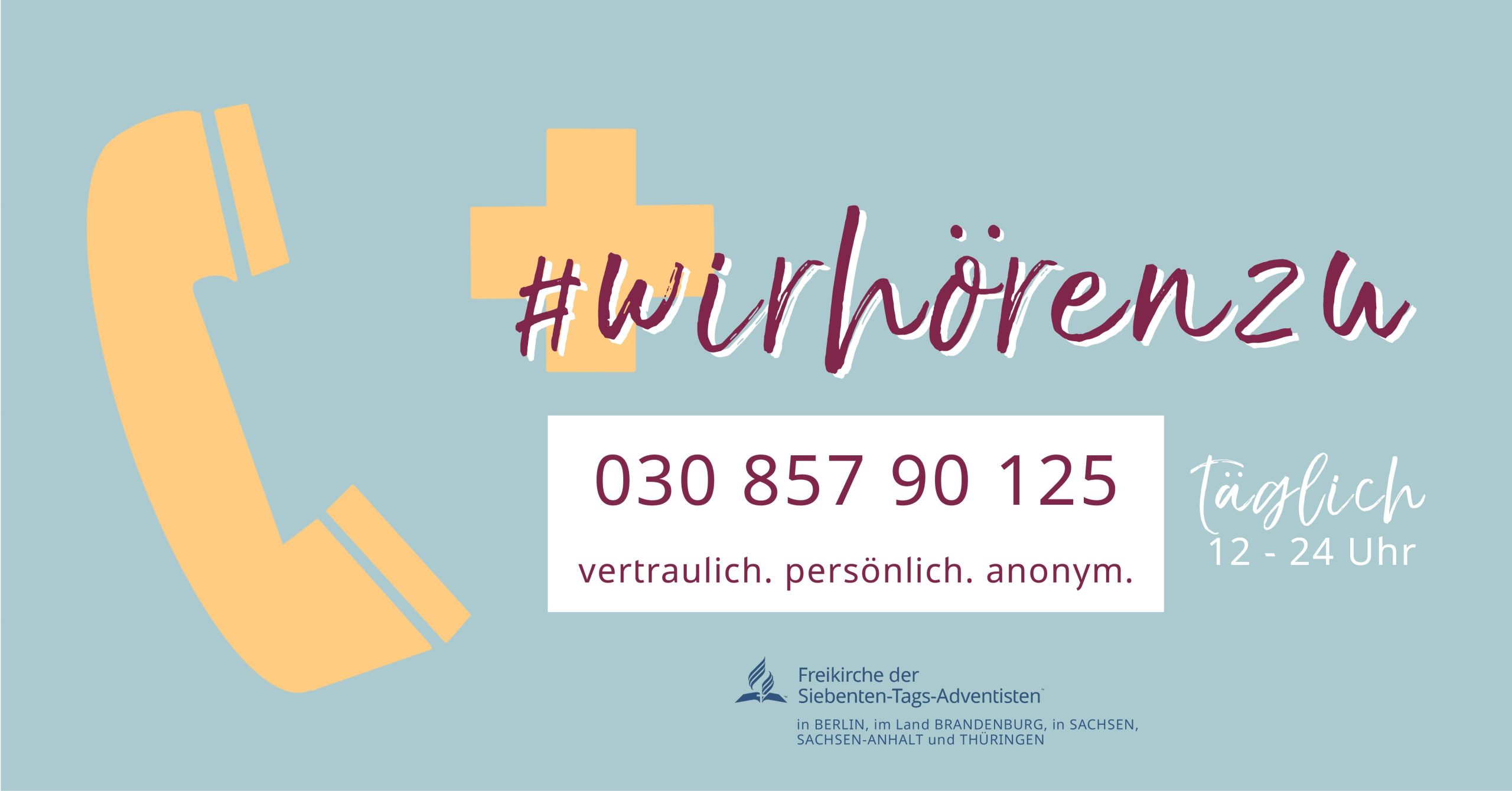 Beratungsstelle für seelische Gesundheit in Berlin, vertrauliche Telefonhotline, anonym, täglich erreichbar 12-24 Uhr, für Krisen und Unterstützung, getragen von Freikirche der Siebenten-Tags-Adventisten.
