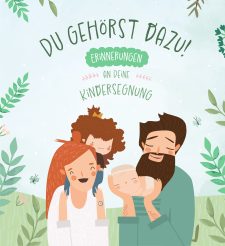 Freundliche Illustrationsfamilie mit Kindern und Vater, symbolisch für kindgerechte Erinnerungen und Segnungen, ideal für adventliche Kinderbücher und festliche Familienliteratur.