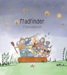 Pfadfinder Freundebuch, Kinder beim Lagerfeuer, spielen Gitarre und lachen, Außenszene mit Sternen am Himmel, ideal für Kinder- und Jugendaktivitäten, Freundschaft und Camp-Erlebnisse, kindgerehte Illustration für Pfadfinder.