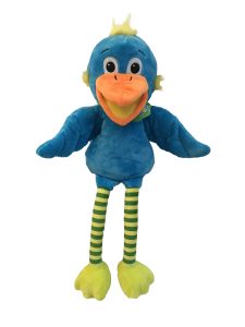 Fröhlicher Plüsch-Duck-Charakter mit bunten Streifenbeinen, geeignet für Kinder und als Geschenk, ideal für Kinder- und Kuschelspielzeug, hochwertiges Stoffmaterial, bei Advent-Verlag erhältlich.