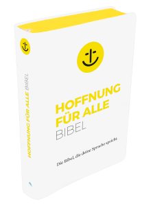 Hoffnung für alle Bibel, farbige Broschüre mit lachlichem Smiley, christliche Bibel zum Trost, zeigt das Thema Hoffnung in der Bibel, ansprechend für Glaubenssuche und christliche Gemeinschaft.