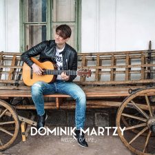 Musiker spielt akustische Gitarre auf altem Wagenrad, romantisches Ambiente, junge männliche Person in Jeans und Lederjacke, passt zu Konzert, Musik und Lifestyle, hochwertiges Image.
