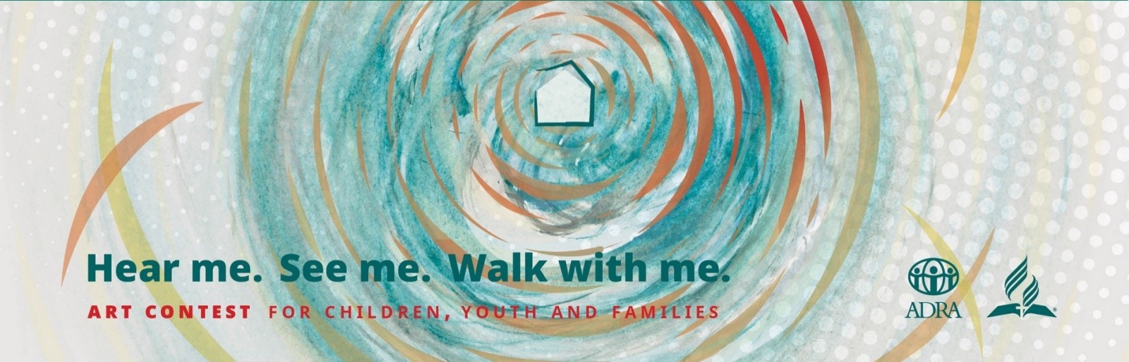 Bunte spiralförmige Illustration zum Kunstwettbewerb für Kinder, Jugendliche und Familien, mit dem Motto „Hear me. See me. Walk with me.“ und den Logos von ADRA und Advent-Verlag.
