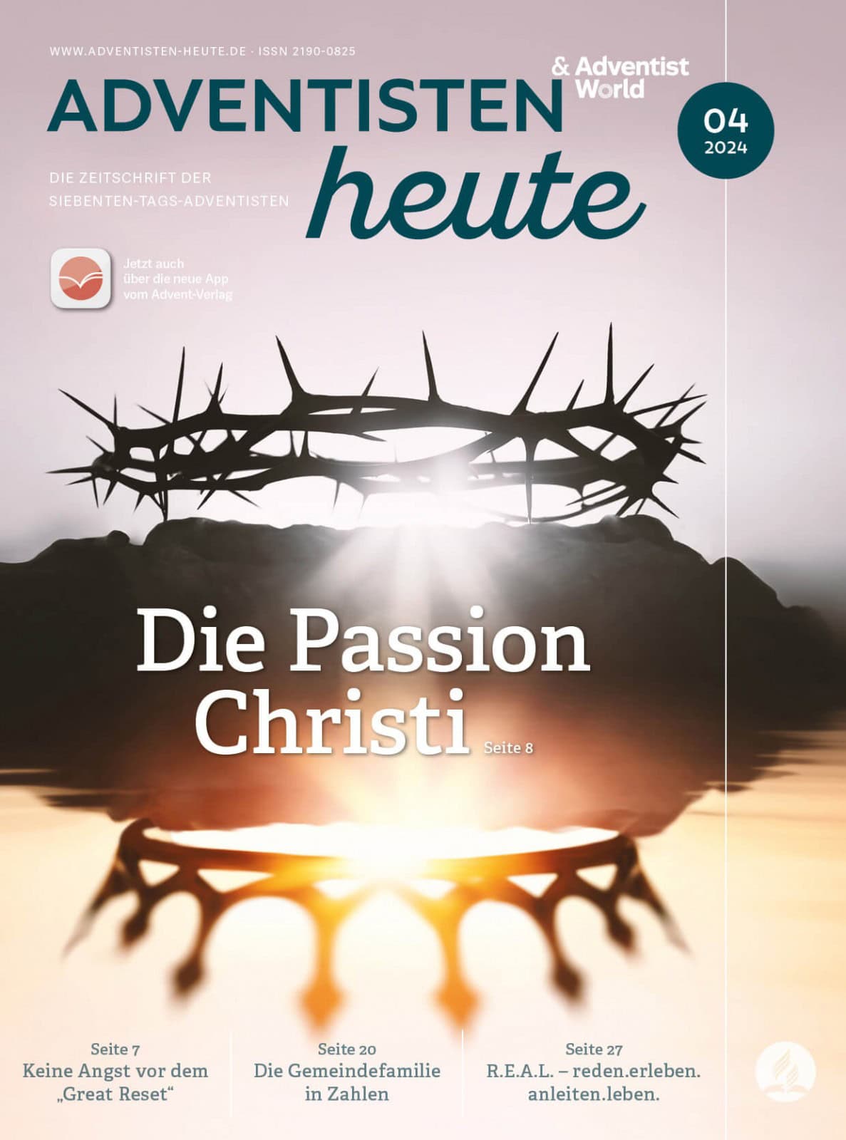 Schwielige Dornenkrone über Sonnenaufgang, Symbol für die Passion Christi, auf der Titelseite der Adventisten Zeitung, passend für christliche Feiertage, Glaube, Hoffnung, Jesus, Ostern, religiöse Literatur, Bibel, Christentum.