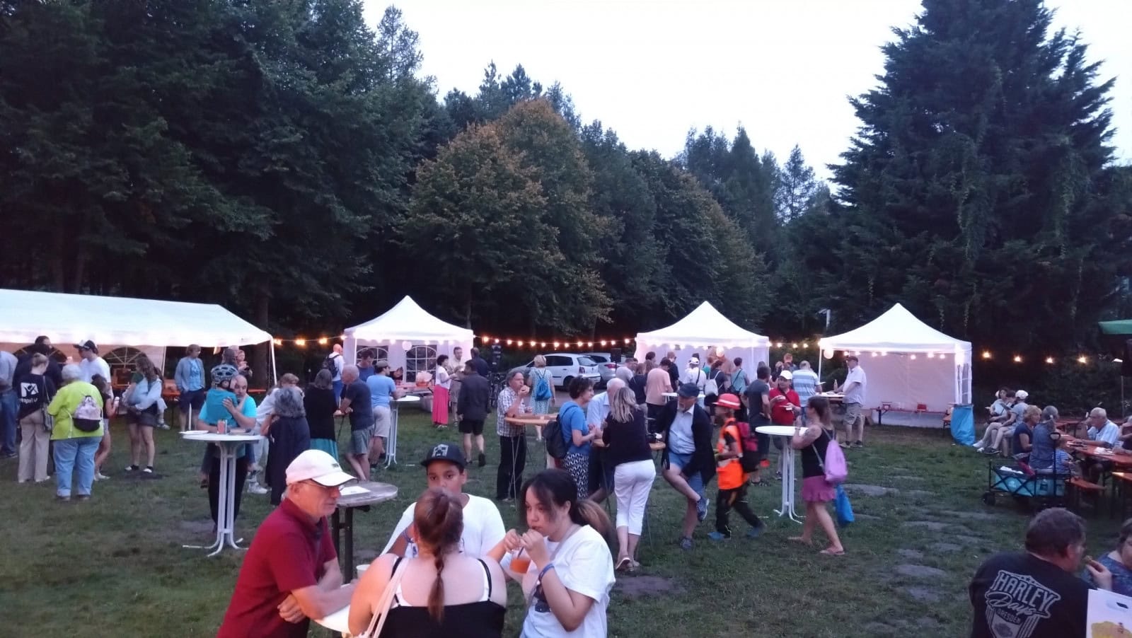 Buntes Sommerfest im Freien mit Zelten, Musik und Familienaktivitäten, umgeben von Bäumen, bei Abenddämmerung.