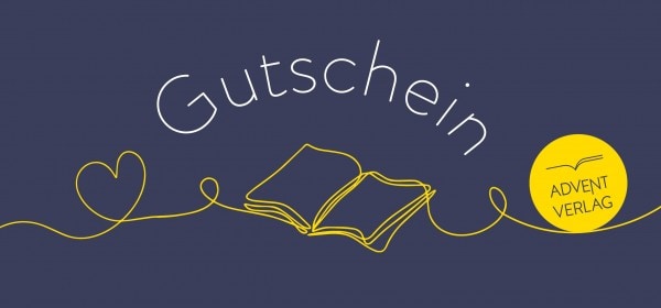 Kostenloser Advent-Gutschein von Advent-Verlag, mit einem geöffneten Buch und Herzsymbol für besondere Weihnachtsgeschenke, ideal für literarische Geschenke in der Weihnachtszeit.